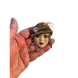 Vintage Porcelain Face Brooch Swarovski Crystal Rhinestone Feather Signed USA
